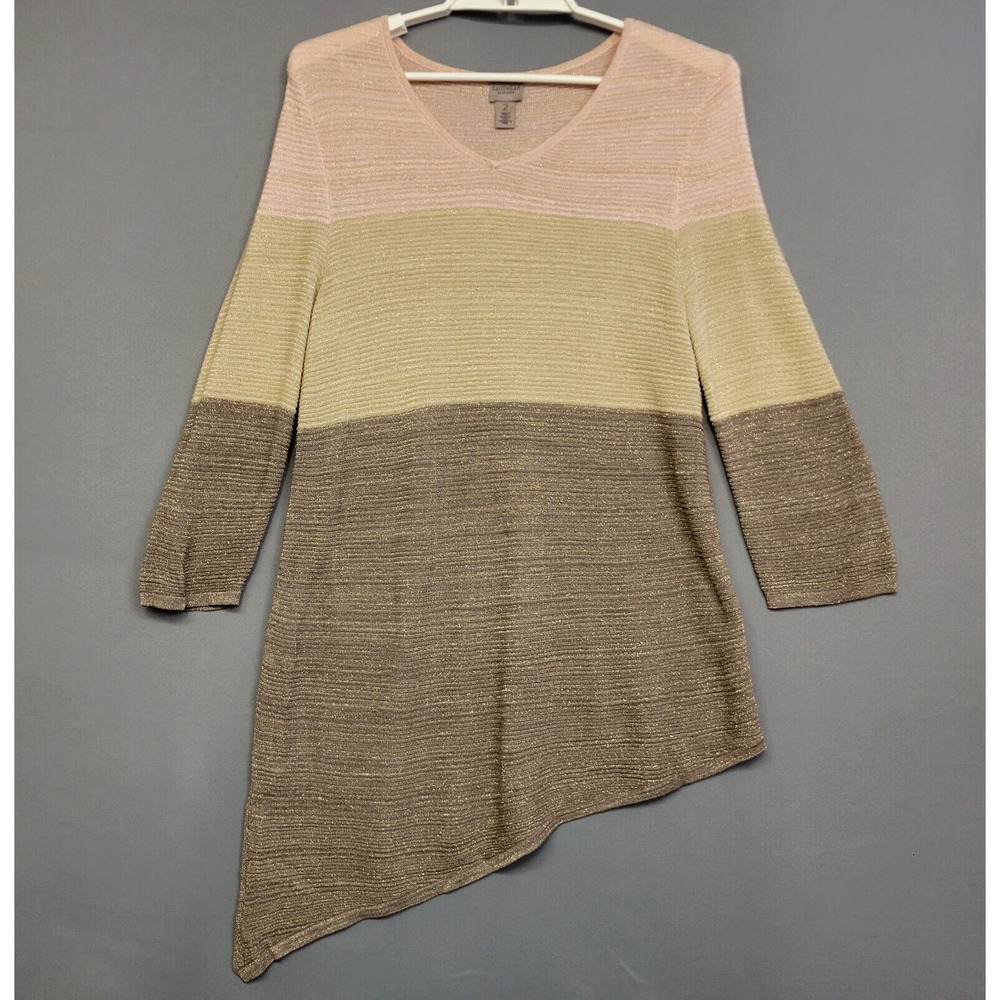 Chicos Easy Wear Shimmer Knit Top Womens 2 (US Size M) Pink Tan Asymmetrical Hem